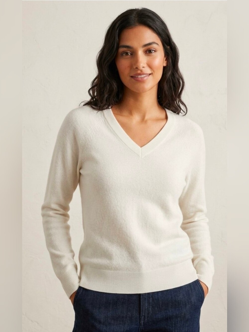 Lucky Brand Cream White Ribbed V-Neck Raglan Sweater Size Large L
